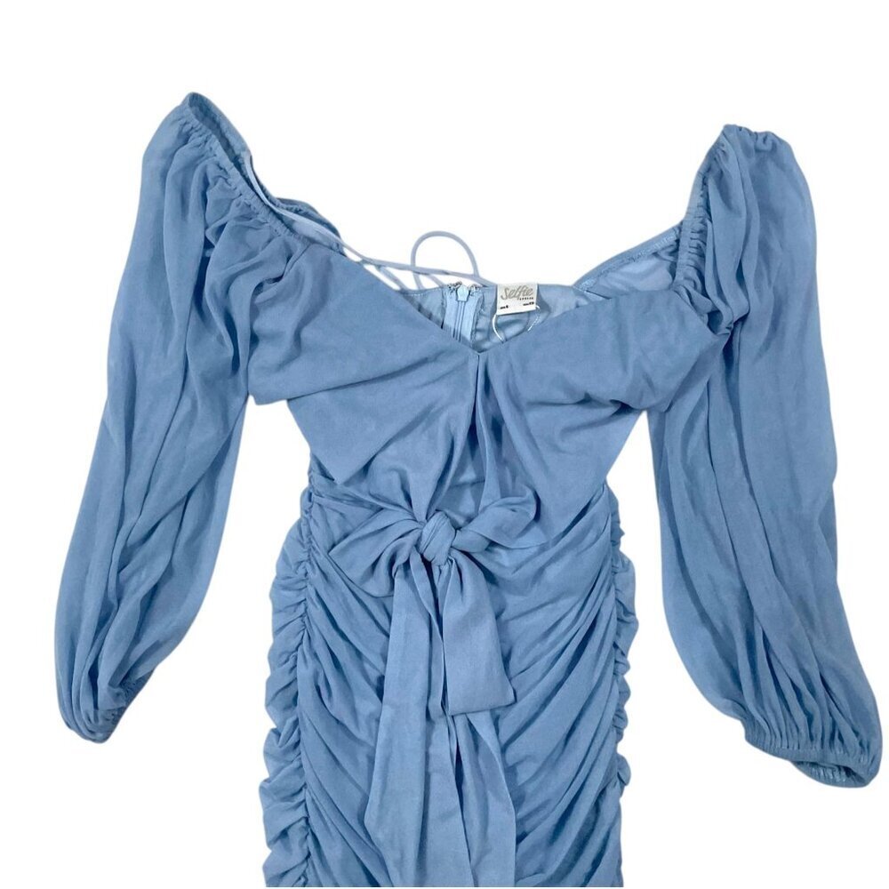 NWT Selfie Leslie Blue Ruched Off-The-Shoulder Mesh Long Sleeve Mini Dress XS - Picture 4 of 8